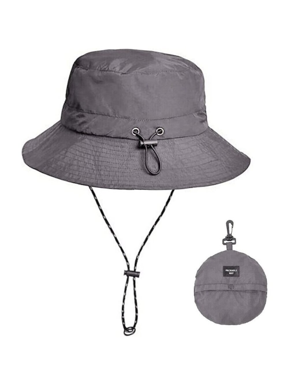 Unisex Dark Grey Nylon Mesh Wide Brim Boonie With Chin Strap Packable Bucket Hat